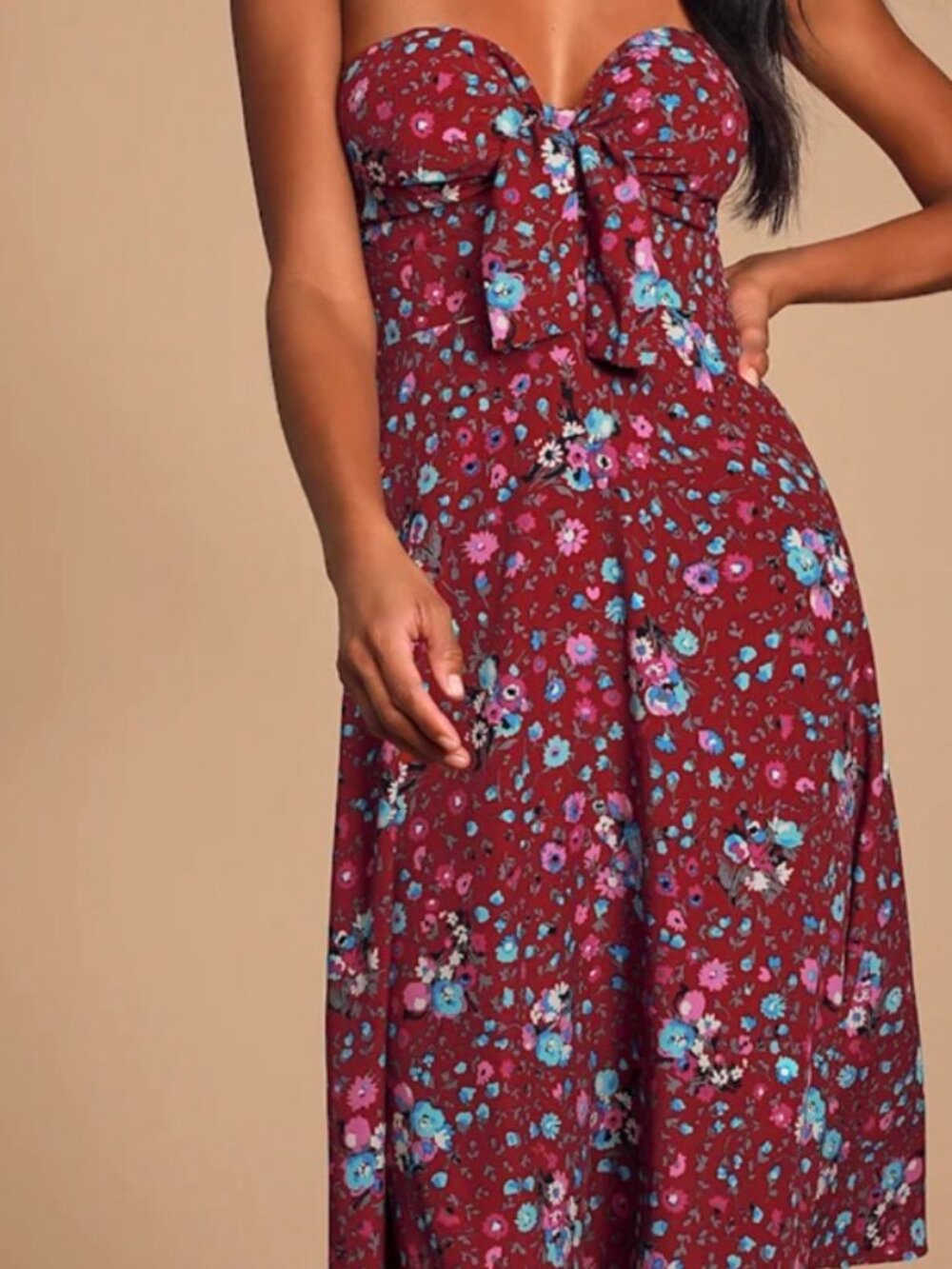 Lulus Strapless Floral Midi Dress Burgundy Pink Blue Women’s Large NWT